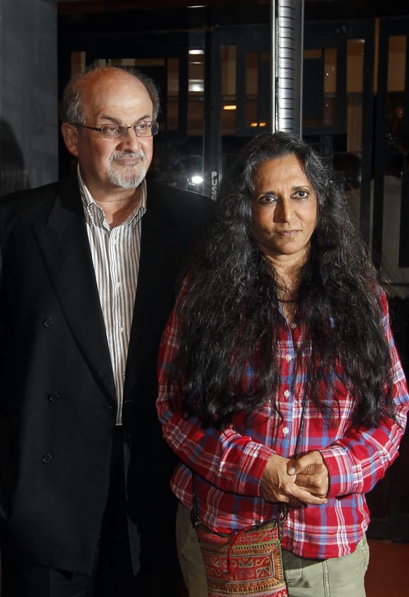 Author Salman Rushdie and Director Deepa Mehta attend a promotional event of “Midnight’s Children” in Mumbai.