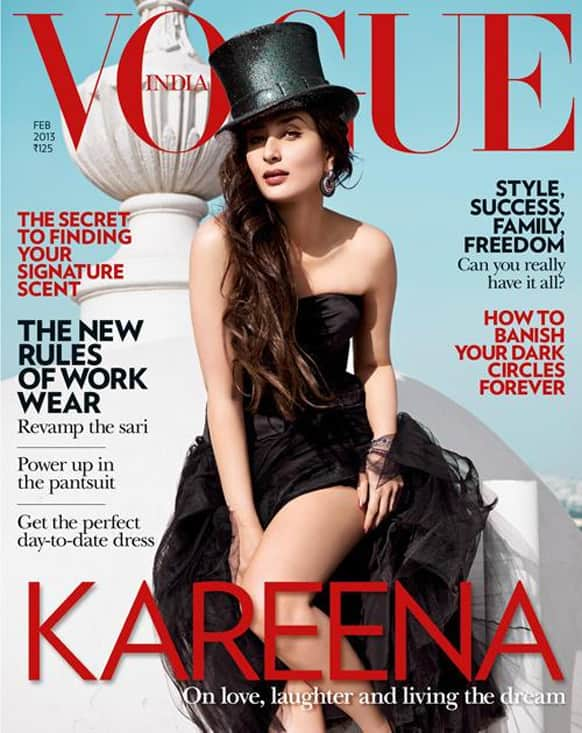 Kareena Kapoor looks outstanding in a Dior black bustier with a tulle skirt topped with a Philip Treacy top hat. This is Bebo’s third Vogue, India cover.