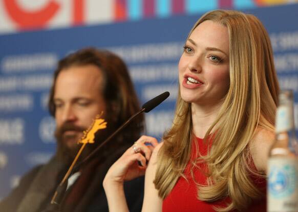 Actress Amanda Seyfried speaks to journalists during the press conference for the film Lovelace at the 63rd edition of the Berlinale, International Film Festival.