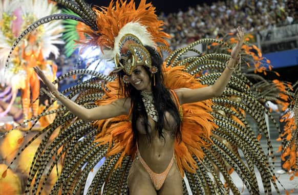 A dancer from the Nene da Vila Matilde samba school performs during a carnival parade in Sao Paulo, Brazil.