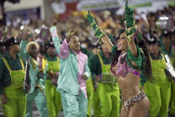 Drum queen Gracyanne Barbosa from the Mangueira samba school parades during carnival celebrations at the Sambadrome in Rio de Janeiro, Brazil.