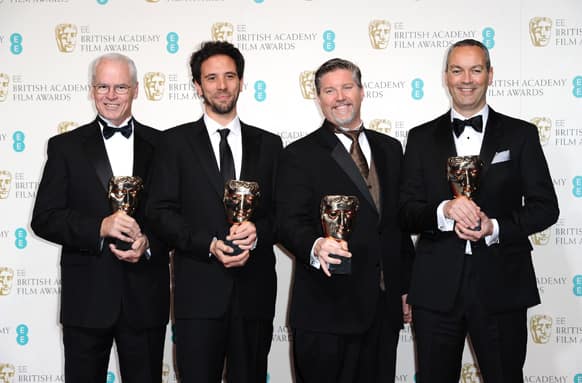 Donald R. Elliott, from left, Guillaume Rocheron, Bill Westenhofer and Erik-Jan De Boer pose backstage with the award for Special Visual effects at the BAFTA Film Awards at the Royal Opera House.