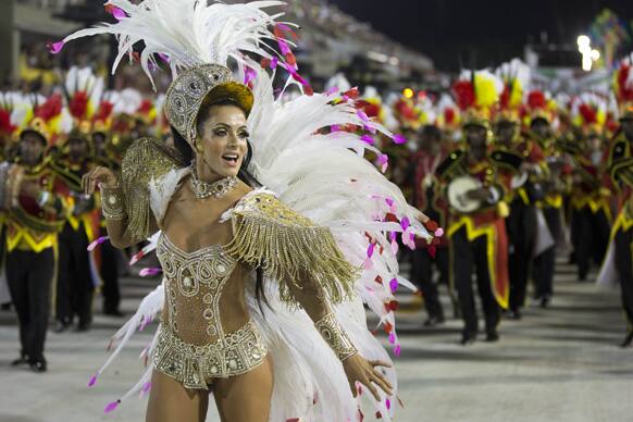Drum Queen Carla Prata from the Academicos do Grande Rio samba school parade during carnival celebrations at the Sambadrome in Rio de Janeiro.