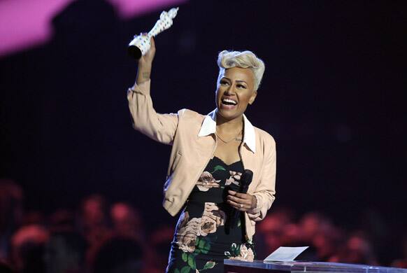 Emeli Sande seen on stage after winning the British Album of the Year award during the BRIT Awards 2013 at the o2 Arena in London.