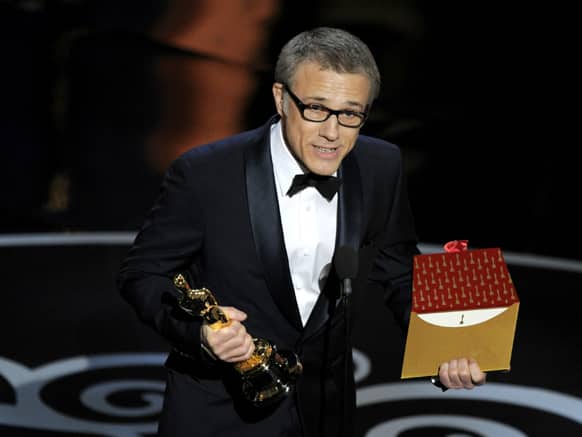 Actor Christoph Waltz accepts the award for best actor in a supporting role for