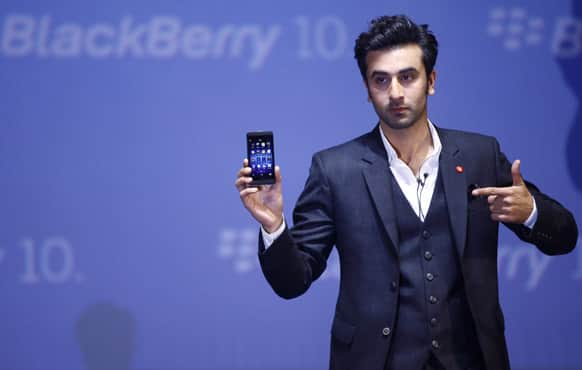 Bollywood actor Ranbir Kapoor poses with the new Blackberry Z10 smartphone during its launch in Mumbai. The Z10 is priced at Indian rupees 43,490 (US$ 804).