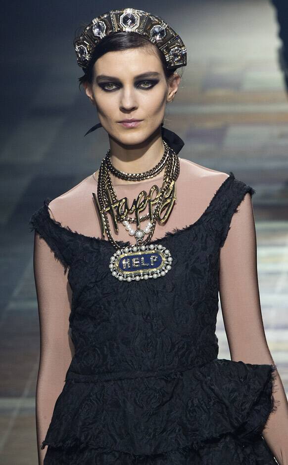 A model wears a creation by designer Alber Elbaz for Lanvin's Ready to Wear Fall-Winter 2013-2014 fashion collection, presented, in Paris.