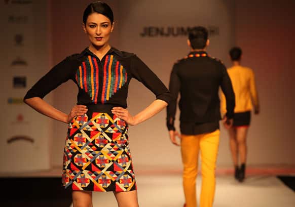 A model displays a creation by Jenjum Gadi during the North East Fashion Fest show in Guwahati.