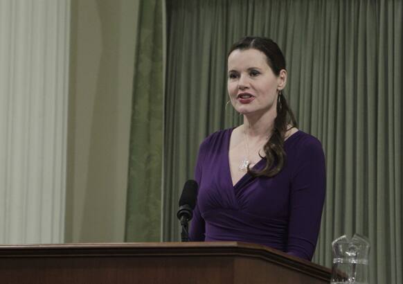 Actress Geena Davis addresses the state Assembly at the Capitol in Sacramento, Calif. Davis, who is the chairwoman of the Commission on the Status of Women,was one of several women honored for their accomplishments.