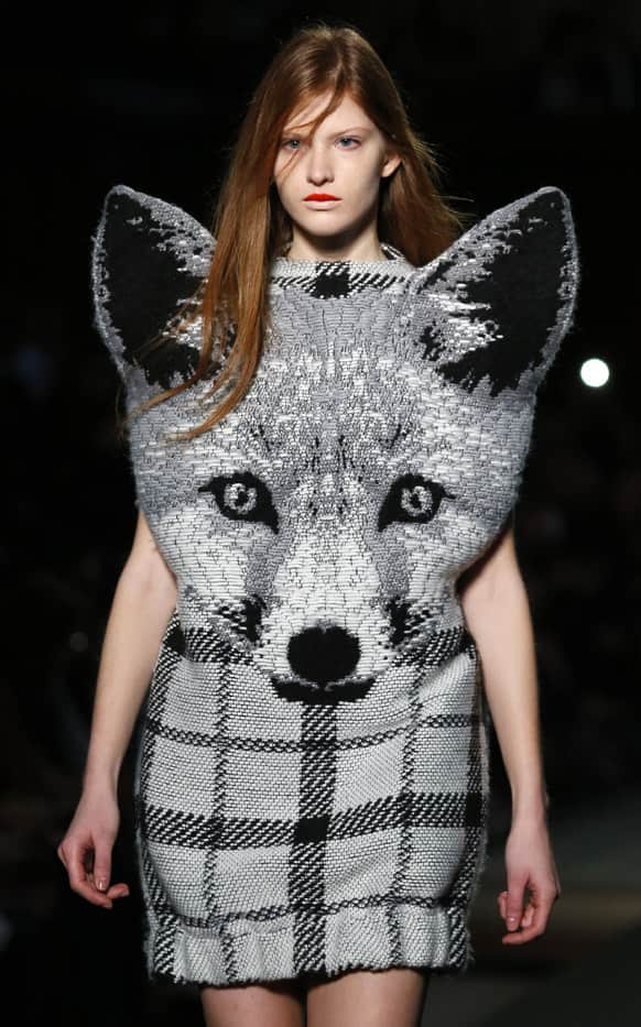 A model presents a creation for Jean-Charles de Castelbajac's Ready to Wear's Fall-Winter 2013-2014 fashion collection, presented, in Paris.