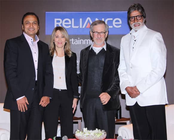 Amitabh Bachchan and veteran Hollywood director Steven Spielberg pose for a photo along with Anil Ambani during the director's visit to Mumbai.