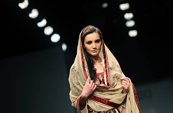 A model displays a creation by Vineet Bahl during the Wills Lifestyle India Fashion Week in New Delhi.