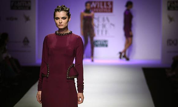 A model displays a creation by Kanika Saluja Choudhry during the Wills Lifestyle India Fashion Week in New Delhi.