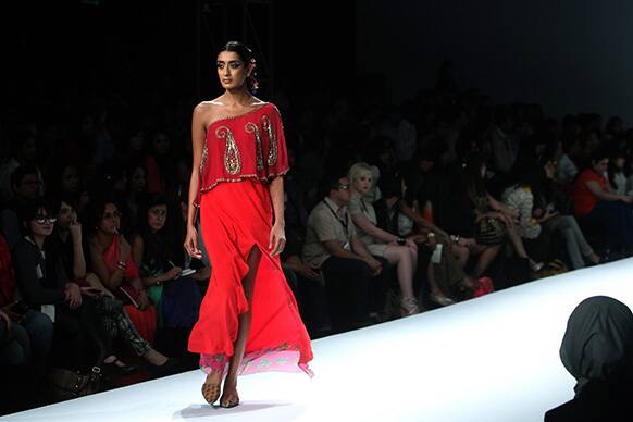 A model displays a creation by Anupama Dayal during the Wills Lifestyle India Fashion Week in New Delhi.