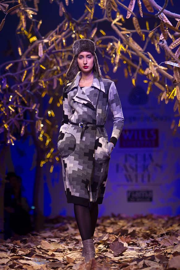 A model displays a creation by Rajesh Pratap Singh during the Wills Lifestyle India Fashion Week.