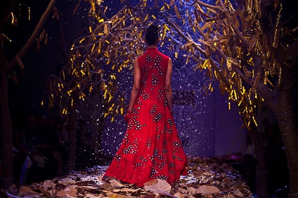 A model displays a creation by Rajesh Pratap Singh during the Wills Lifestyle India Fashion Week.
