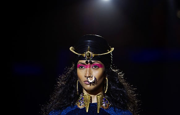 A model displays a creation by designer Manish Arora during the Wills Lifestyle India Fashion Week.