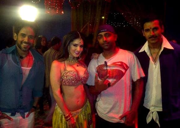 Tusshar Kapoor, Sunny Leone and John Abraham on the sets of 'Shootout At Wadala'. The three actors will be seen shaking their legs to the tunes of an item number in the film.