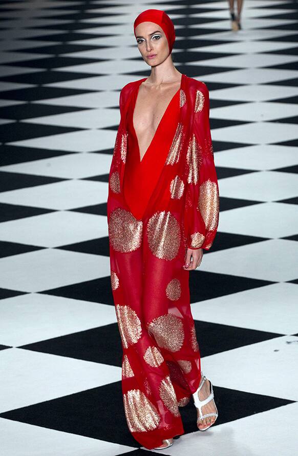 A model wears a creation from the Adriana Degreas summer collection during Sao Paulo Fashion Week.