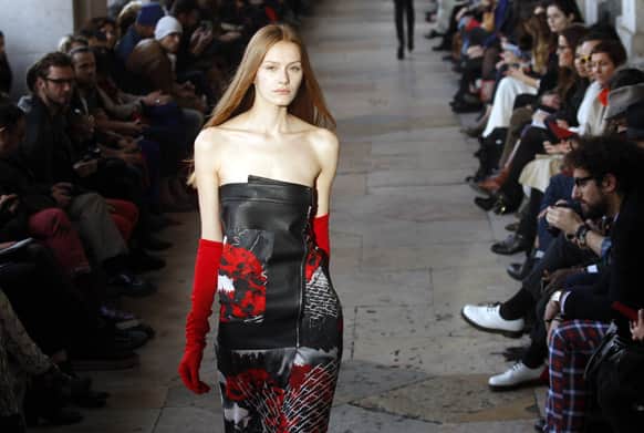 A model wears a dress by Portuguese designer Luis Buchinho during the ModaLisboa fashion week in Lisbon