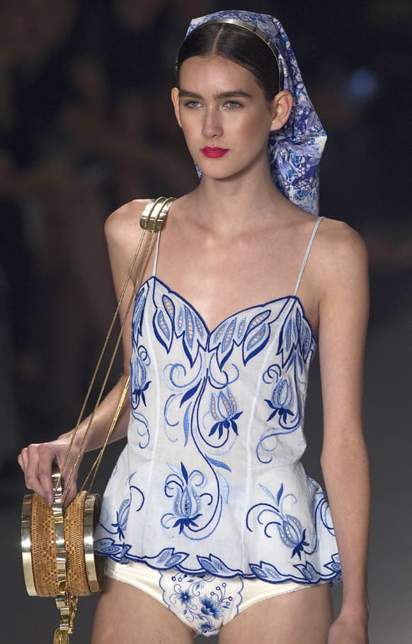 A model wears a creation from Teka by Helo Rocha summer collection during the Sao Paulo Fashion Week in Sao Paulo, Brazil.