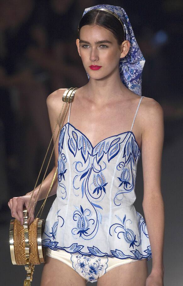 A model wears a creation from Teka by Helo Rocha summer collection during the Sao Paulo Fashion Week in Sao Paulo, Brazil.