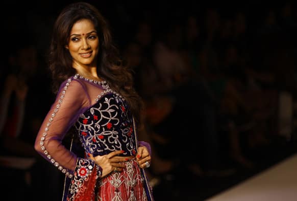 Bollywood actress Vidya Malvade displays a creation by Farah and Firdus during the Lakme Fashion Week in Mumbai.