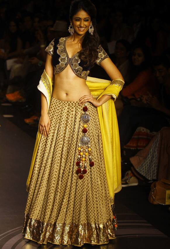 Bollywood actress Ileana D'Cruz displays a creation by Vikram Phadnis during the Lakme Fashion Week in Mumbai.