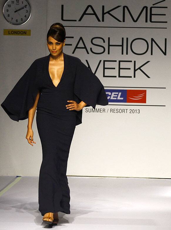 Bollywood actress Bipasha Basu displays a creation by Shantanu and Nikhil during the Lakme Fashion Week.