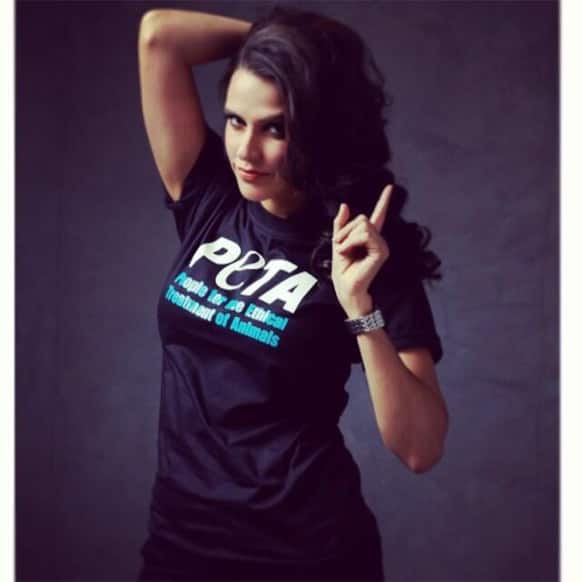 Neha Dhupia, the official brand ambassadress of PETA India, strikes a pose for the organisation's 'go veg' campaign.