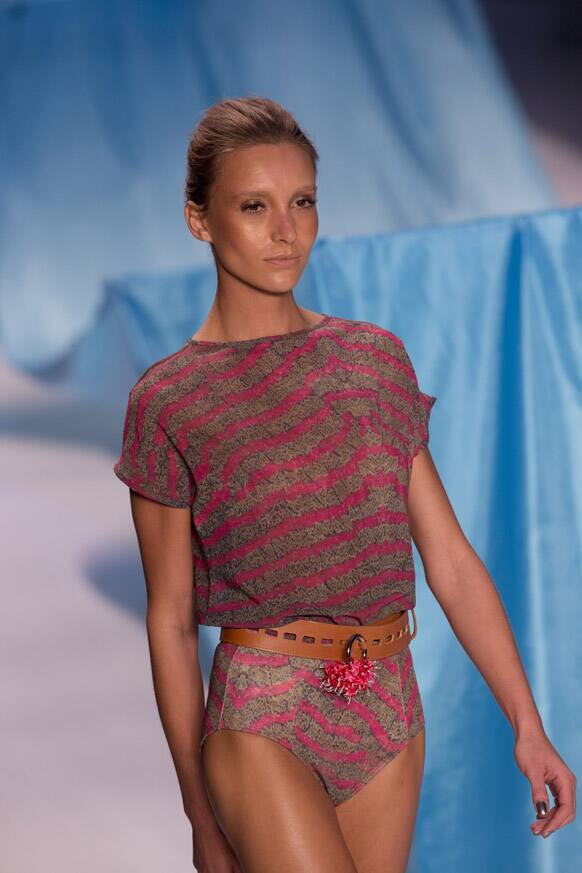 A model wears a creation from Nica Kessler summer collection during Fashion Rio, in Rio de Janeiro, Brazil.
