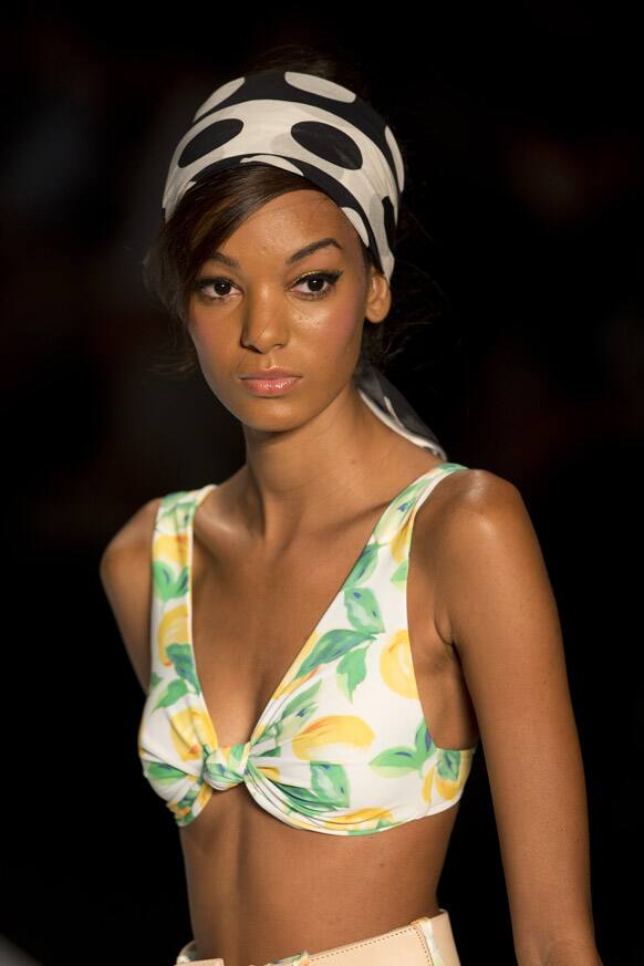 A model wears a creation from Salinas summer collection during Fashion Rio, in Rio de Janeiro, Brazil.