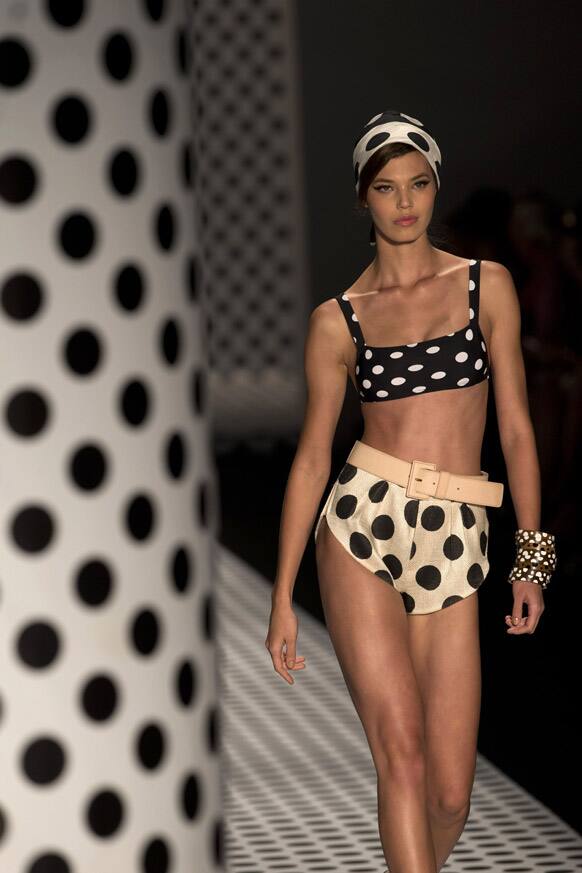 A model wears a creation from Salinas summer collection during Fashion Rio, in Rio de Janeiro, Brazil.