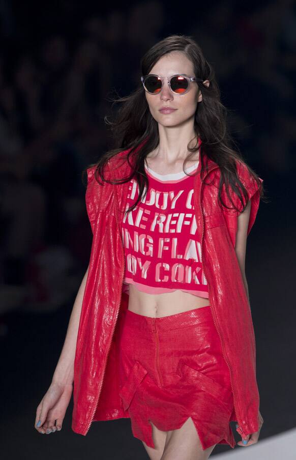 A model wears a creation from the Coca-Cola Clothing summer collection during Fashion Rio, in Rio de Janeiro, Brazil.