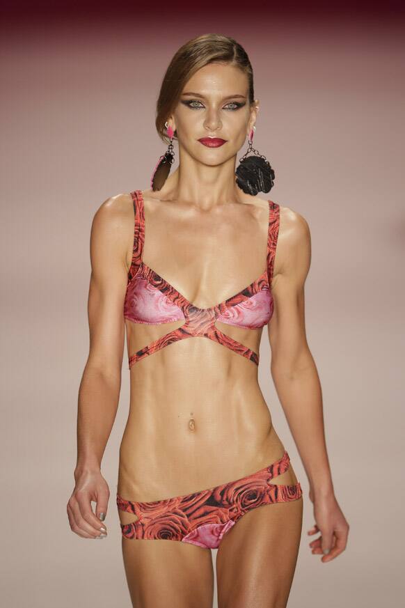 A model wears a creation from the Triya summer collection during Fashion Rio in Rio de Janeiro, Brazil.