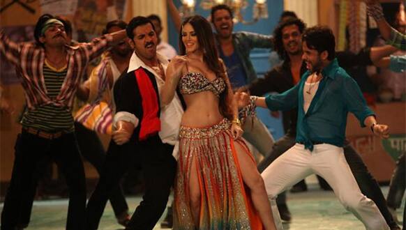 John Abraham, Sunny Leone and Tusshar Kapoor in a still from the song 'Laila'. The number is a part of the film 'Shootout At Wadala'.