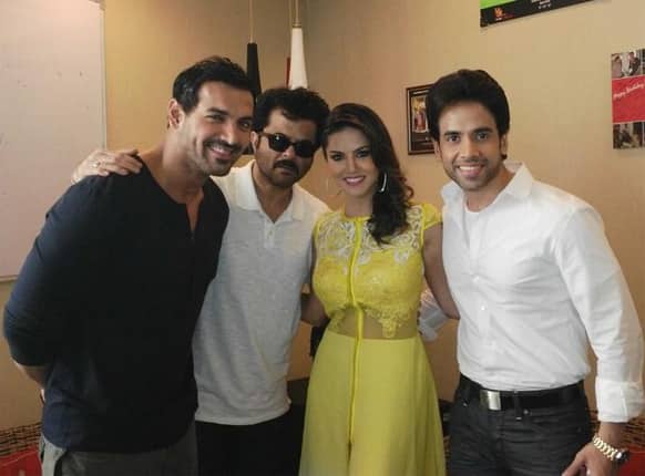 John Abraham, Anil Kapoor, Sunny Leone and Tusshar Kapoor pose for a pic during the Delhi leg of the 'Shootout At Wadala' promotions.