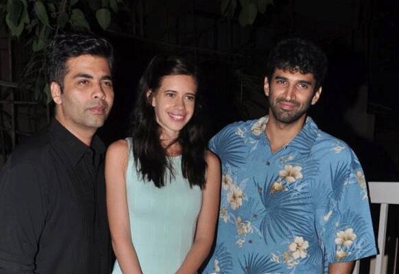 That's Karan Johar posed with Kalki Koechilin and Aditya Roy Kapur at the success party of 'Aashiqui 2' hosted by Vidya Balan and Siddharth Roy Kapur. (Pic courtesy: Pinkvilla)