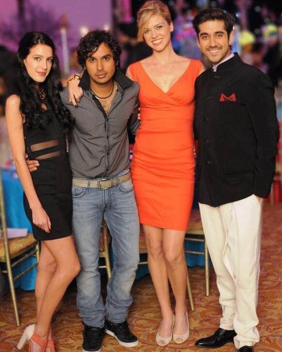 Isabelle Kaif poses for a picture with Kunal Nayyar, Adrianne Palicki and Vinay Virmani on the sets of ‘Dr. Cabbie’.