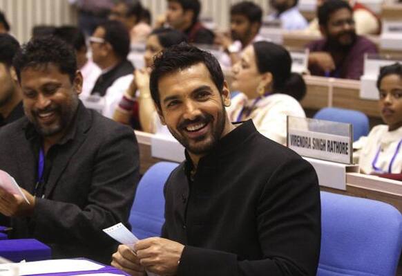 John Abraham and Shoojit Sircar at the 60th National Film Awards. Sircar's 'Vicky Donor' won three awards at the event.