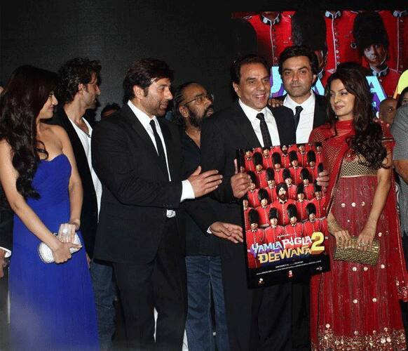 Dharmendra, Sunny Deol, Bobby Deol and Juhi Chawla during the official launch event of 'Yamla Pagla Deewana 2'.