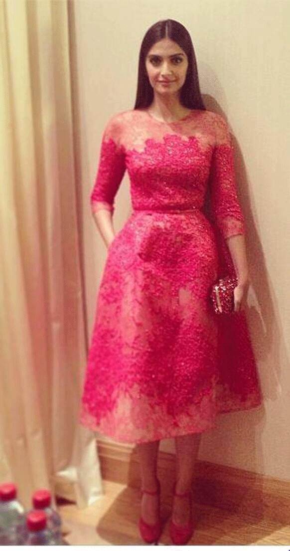 At the Cannes 2013 Opening Gala dinner, Sonam was the belle of the ball in her pink lace and beaded, full-skirted Ellie Saab dress.