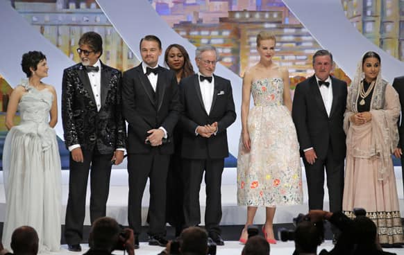 Audrey Tautou, Amitabh Bachchan, Leonardo DiCaprio, director and jury president Steven Spielberg, actors Nicole Kidman, Daniel Auteuil and Vidya Balan acknowledge applause during the opening ceremony ahead of the screening of The Great Gatsby at the 66th international film festival, in Cannes.