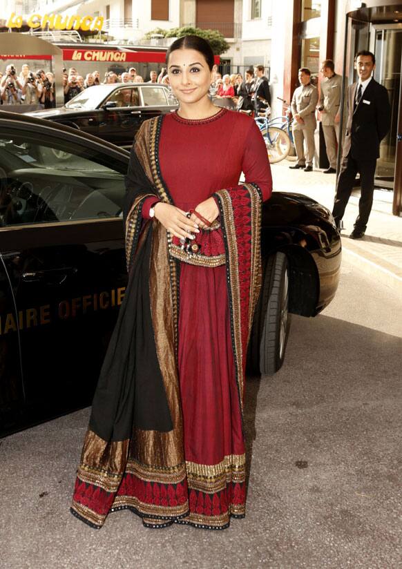 Actress and jury member Vidya Balan arrives for cocktails at the Martinez Hotel at the 66th international film festival, in Cannes.