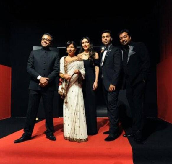 Team 'Bombay Talkies' comprising Zoya Akhtar, Ashi Dua, Karan Johar, Anurag Kashyap and Dibarkar Bannerjee pose for the cameras during of the screening of the film at the Cannes fiilm festival.