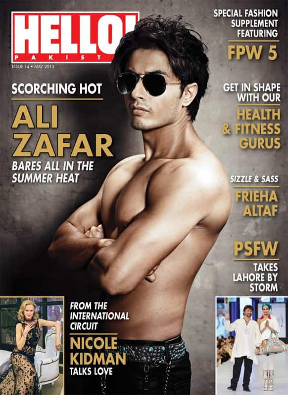 A shirtless and 'scorching hot' Ali Zafar adorns the cover of the May 2013 issue of Hello! Pakistan.