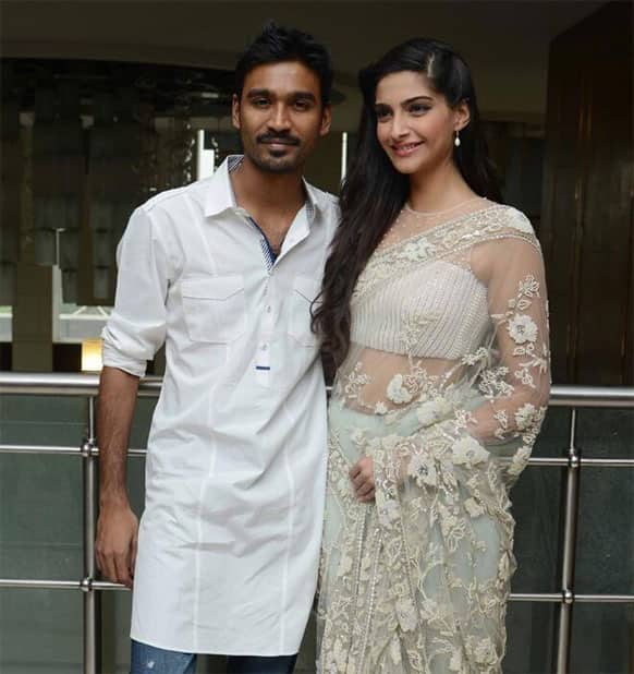 Dhanush and Sonam Kapoor pose for a photograph during the promotions of 'Raanjhanaa'.