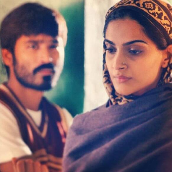 Sonam Kapoor and Dhanush in a still from ‘Raanjhanaa’.