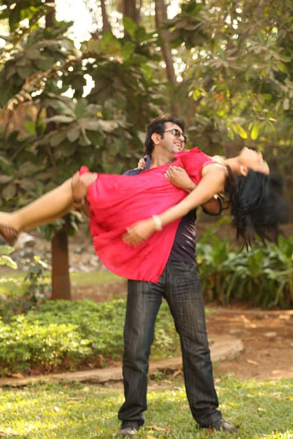 Meera and her co-actor Aryeman are clicked by the camera during a romantic sequence.