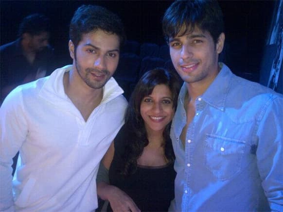 Varun Dhawan, Sidharth Malhotra and Zoya Akhtar pose for a photograph.